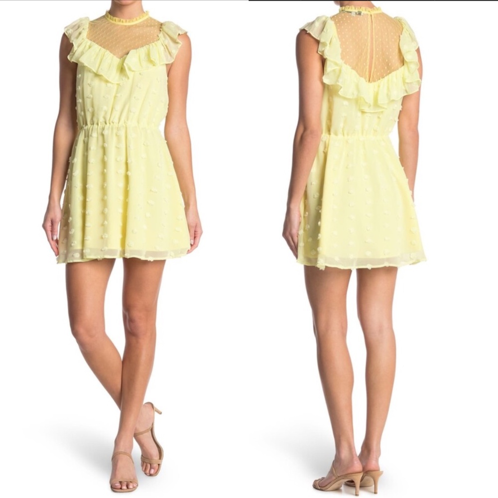 NEW ONE ONE SIX Candy YELLOW Sunshine SWISS DOTS Ruffle HIGH NECK Mini DRESS L